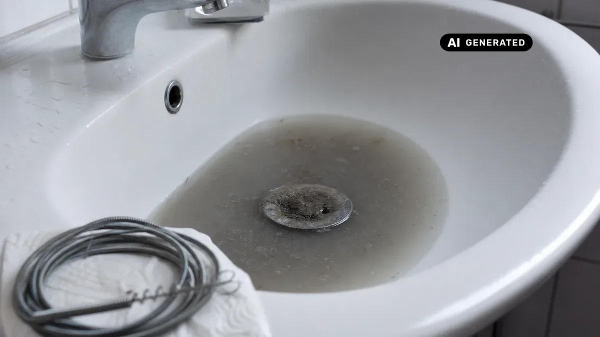 KI-generiertes Bild: Detailaufnahme eines verstopften Waschbeckenabflusses mit stehendem Wasser und einem Rohrreinigungswerkzeug im Vordergrund