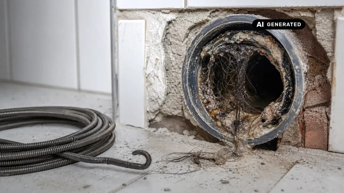 KI-generiertes Bild: Aufgeschnittenes Abflussrohr in einer Wand mit sichtbaren Fett- und Haarablagerungen, daneben eine Rohrreinigungsspirale