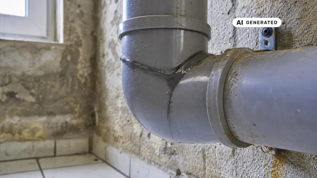 KI-generiertes Bild: Fachmann dichtet ein freiliegendes Abwasserrohr im Keller mit Epoxid-Dichtmasse ab, ohne das Rohr auszubauen