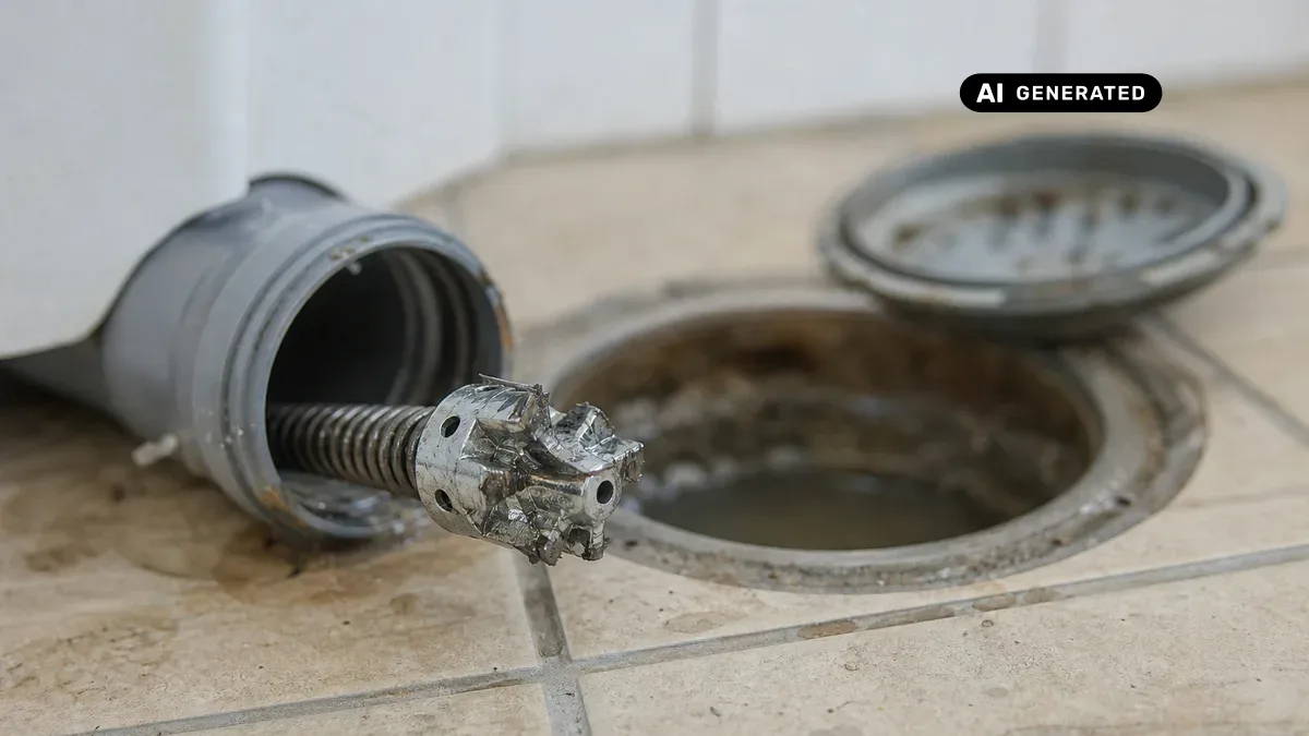 KI-generiertes Bild: Fachmann führt einen Fräskopf an einer flexiblen Spirale in ein Abwasserrohr ein, im Hintergrund ein geöffneter Revisionsschacht
