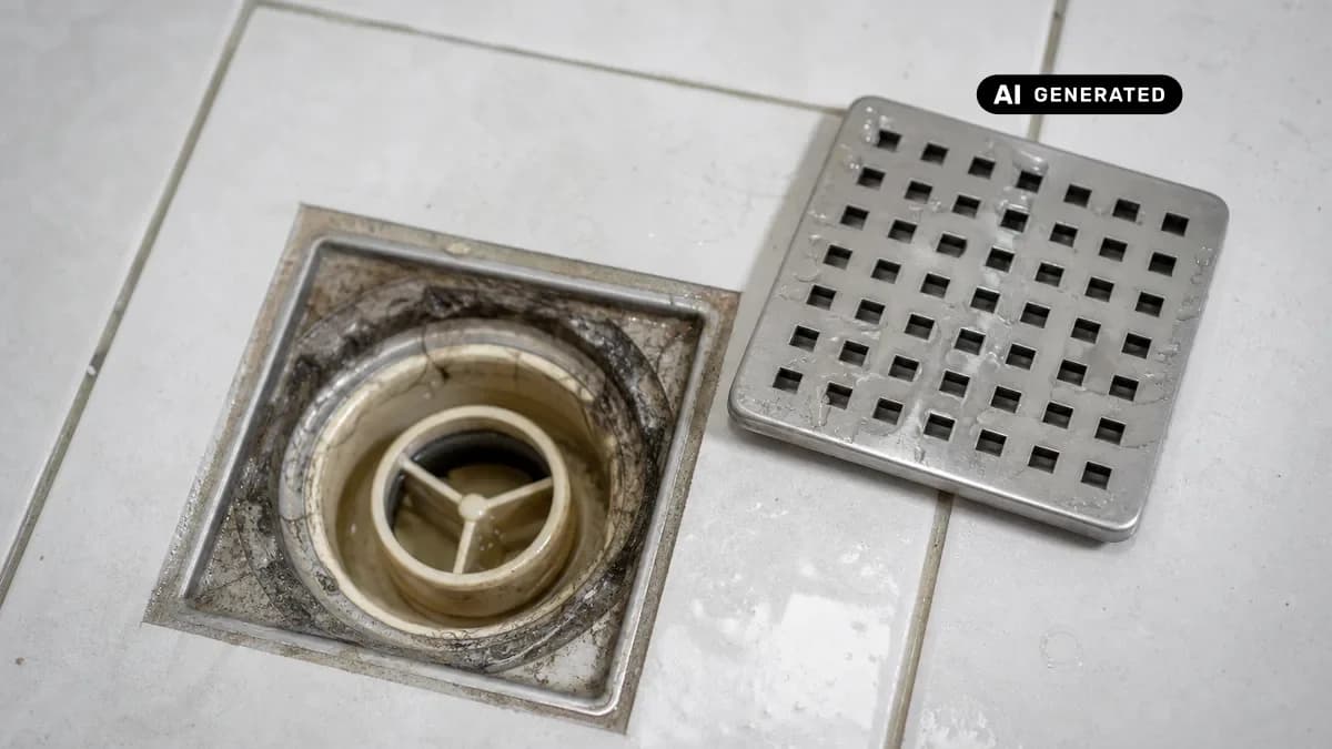 KI-generiertes Bild: Bodengleiche Dusche von oben, geöffneter Edelstahl-Abflussrost mit freiliegendem Siphon, behandschuhte Hände bei der Reinigungsarbeit
