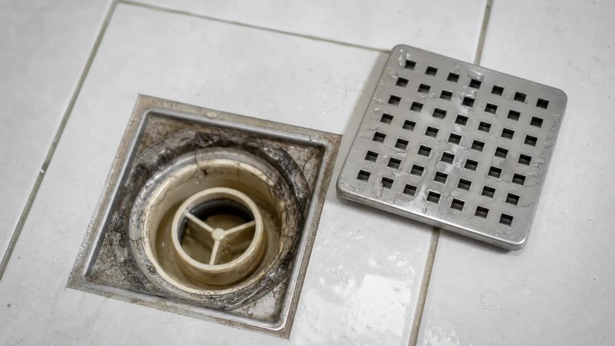 Bodengleiche Dusche von oben, geöffneter Edelstahl-Abflussrost mit freiliegendem Siphon, behandschuhte Hände bei der Reinigungsarbeit