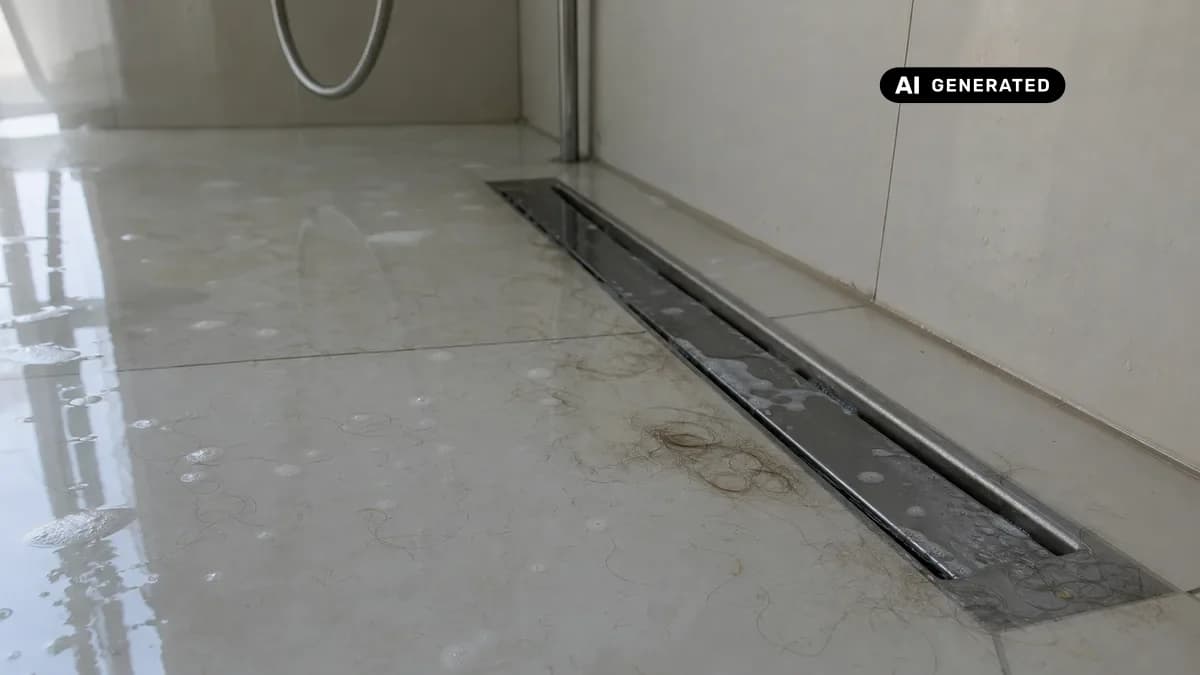 KI-generiertes Bild: Bodengleiche Dusche mit Schlitzablauf und stehendem Wasser – Abfluss verstopft