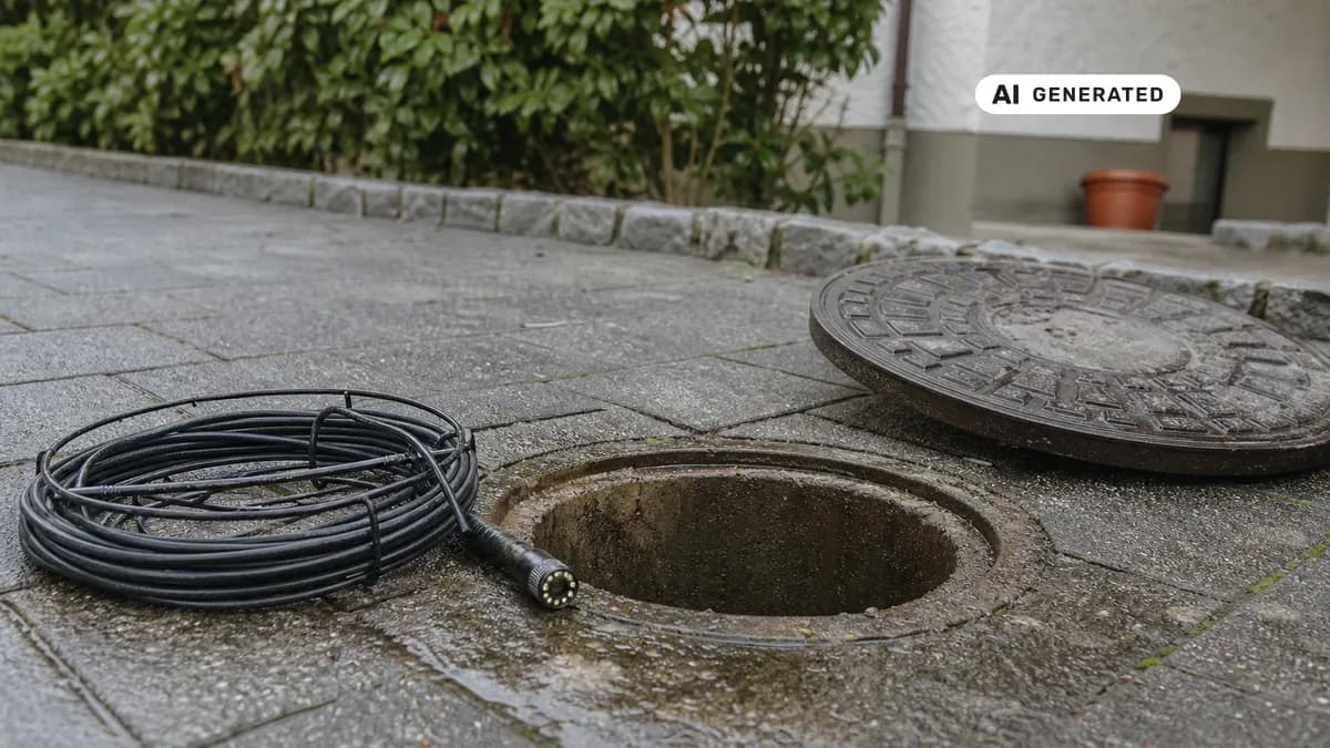KI-generiertes Bild: Geöffneter Revisionsschacht am Grundstücksrand, daneben ein Kanal-TV-Kamerakabel zur Inspektion des Abwasser-Hausanschlusses