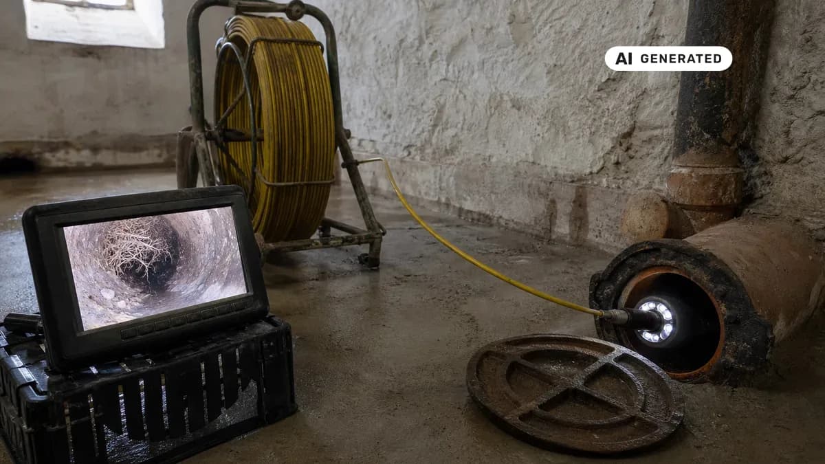 KI-generiertes Bild: Techniker schiebt im Keller eines älteren Einfamilienhauses eine Kanal-TV-Kamera durch eine Revisionsöffnung in die Grundleitung, neben ihm zeigt ein Monitor das Live-Bild aus dem Rohr