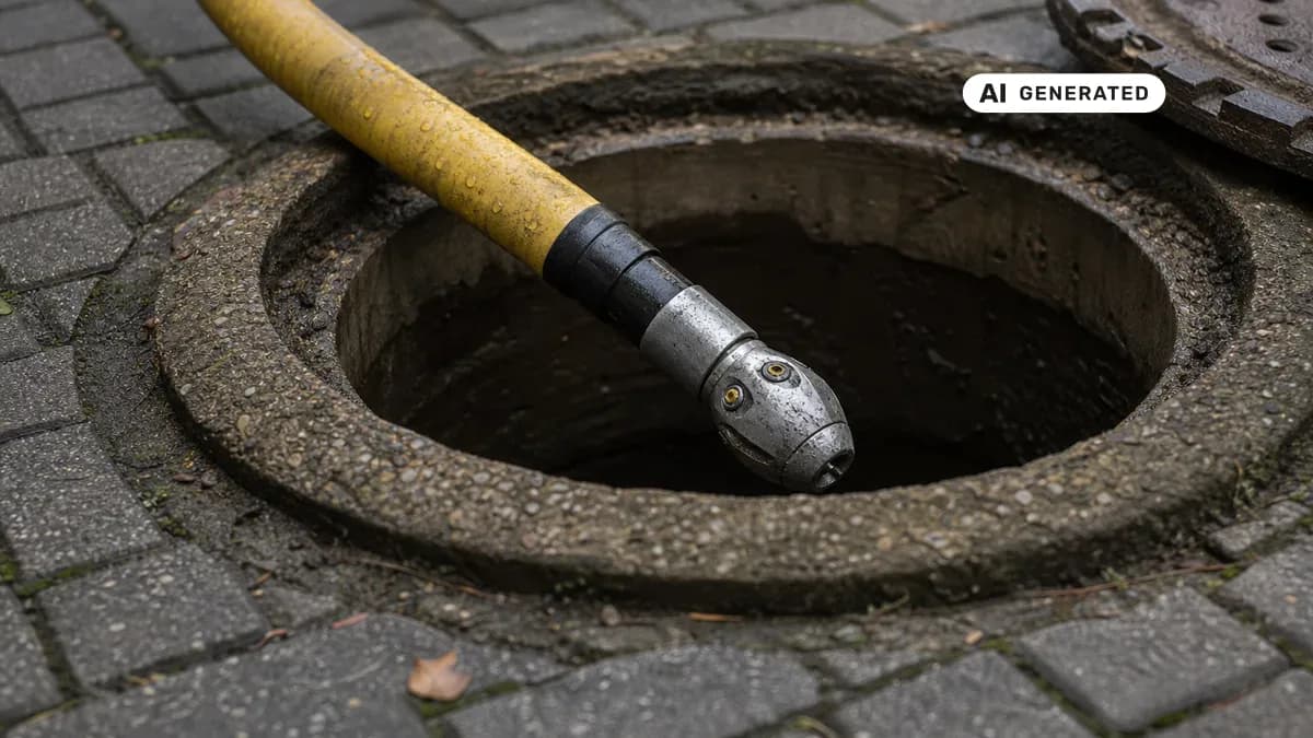 KI-generiertes Bild: Techniker schiebt einen Hochdruckspülschlauch in einen geöffneten Kanalschacht