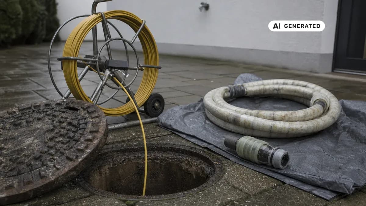 KI-generiertes Bild: Ein Techniker inspiziert an einem offenen Revisionsschacht im Hof eines Einfamilienhauses die Leitung mit einer Kamera, bevor sie mit einem Schlauchliner saniert wird