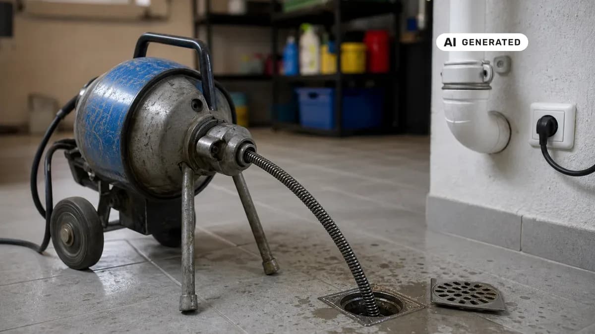 KI-generiertes Bild: Handwerker eines Fachbetriebs beseitigt mit einer elektromechanischen Rohrreinigungsspirale eine Abflussverstopfung im Keller eines Wohnhauses