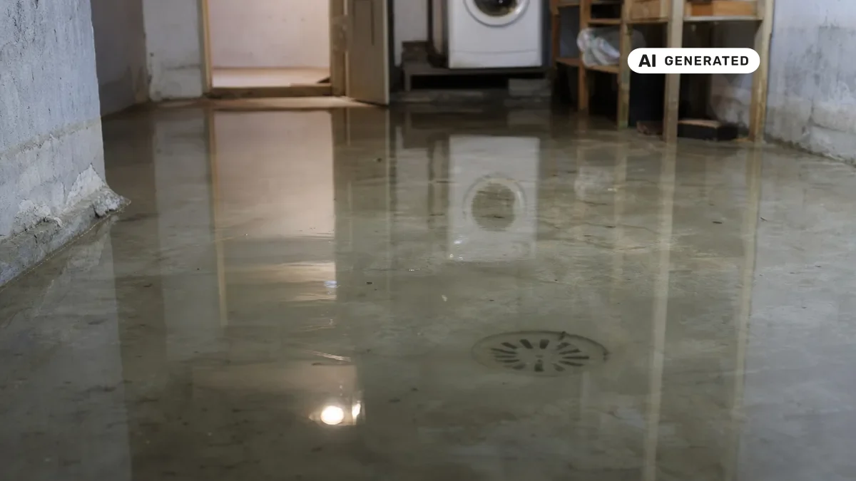 KI-generiertes Bild: Mit Wasser überfluteter Keller, stehendes Abwasser auf Betonboden, sichtbarer Bodenablauf, gedämpfte Lichtverhältnisse