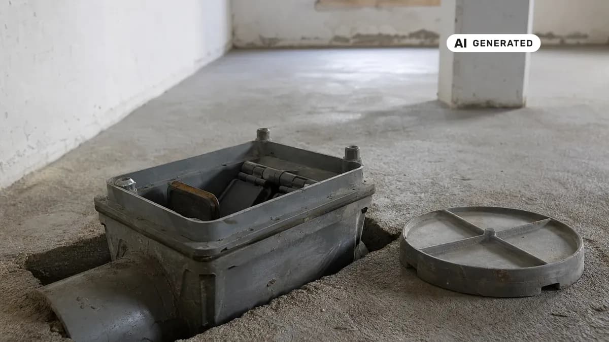 KI-generiertes Bild: Offener Rückstauverschluss mit doppelter Klappe in einer waagerecht verlegten Abwasserleitung im Kellerboden eines Einfamilienhauses, daneben der Revisionsdeckel