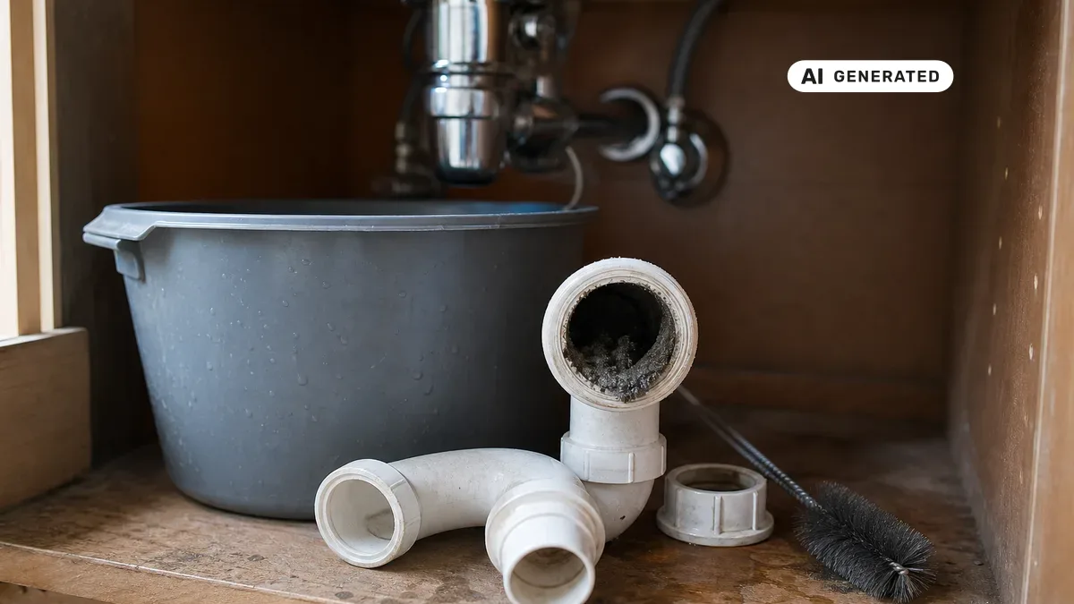 KI-generiertes Bild: Ein unter dem Waschbecken ausgebauter Kunststoff-Siphon wird mit einer Bürste gesäubert, darunter steht ein Eimer bereit