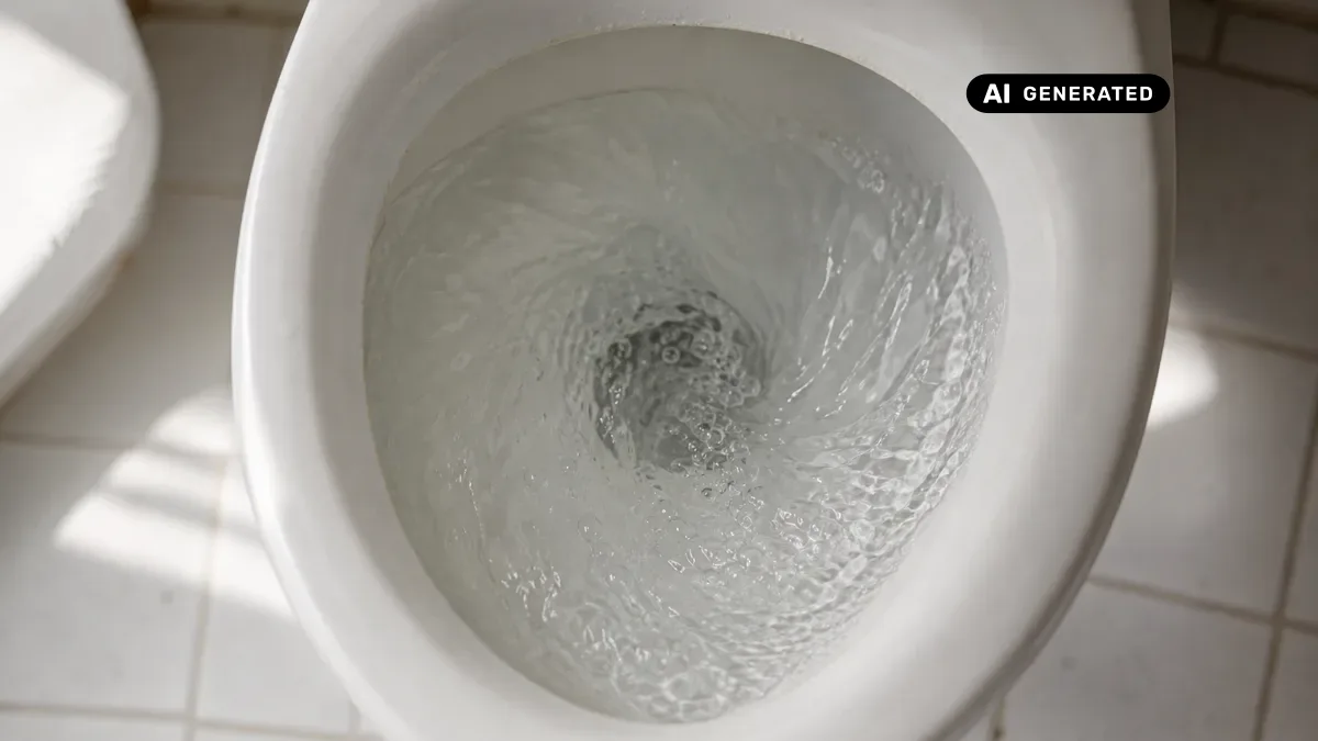 KI-generiertes Bild: Blick von oben in eine Toilettenschüssel mit sichtbarem Wasserwirbel nach dem Spülen, weißes Porzellan, helles Bad