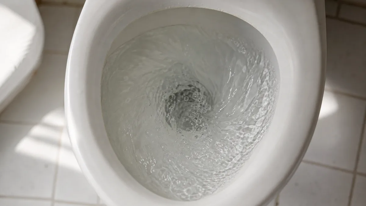 Blick von oben in eine Toilettenschüssel mit sichtbarem Wasserwirbel nach dem Spülen, weißes Porzellan, helles Bad