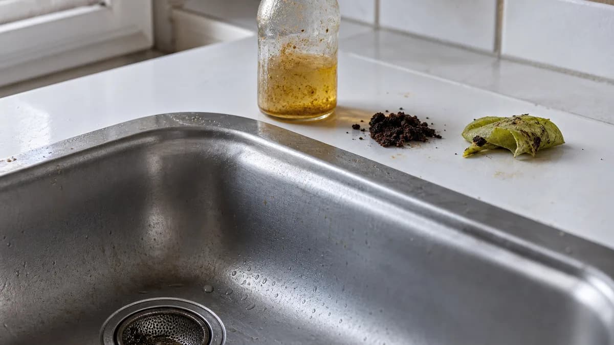 Detailaufnahme eines Küchenabflusses mit Sieb, daneben Speiseöl und Küchenreste als Hinweis auf fehlerhafte Entsorgung