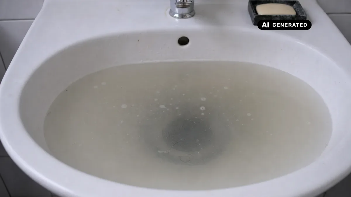 KI-generiertes Bild: Verstopftes Waschbecken mit stehendem Wasser – Nahaufnahme des Abflusses mit Seifenablagerungen und Haaren