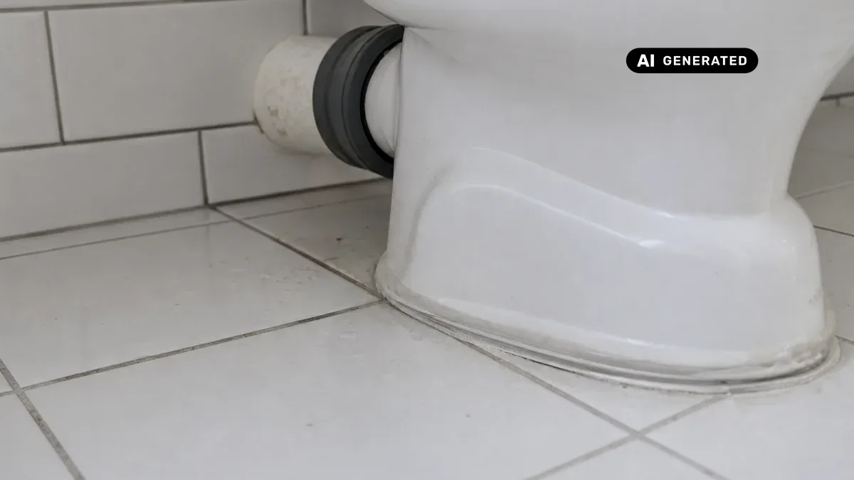 KI-generiertes Bild: Detailaufnahme eines modernen WC-Beckens im Bad, von unten sichtbare Anschlussmanschette und Abflussrohr, helles sachliches Licht