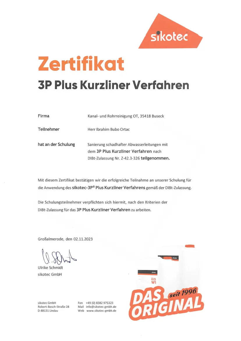 Zertifikat für Kanalreinigung Antrifttal mit Qualitätssiegel der sikotec GmbH.