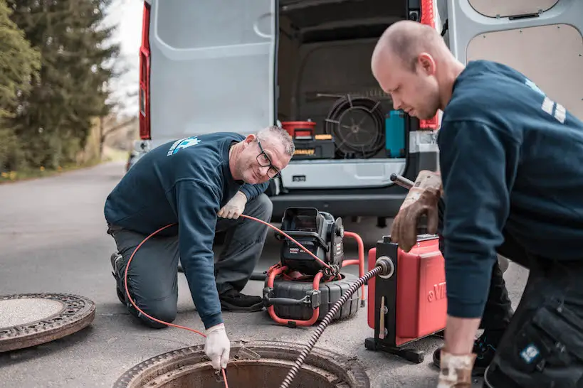 Fachmänner bei der Kanalreinigung Waldbrunn mit Ausrüstung an einem Kanaldeckel.