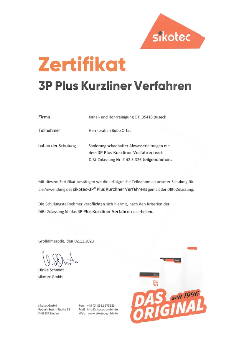 Qualitätszertifikat für Kanalsanierung Puderbach nach 3P Plus Verfahren.
