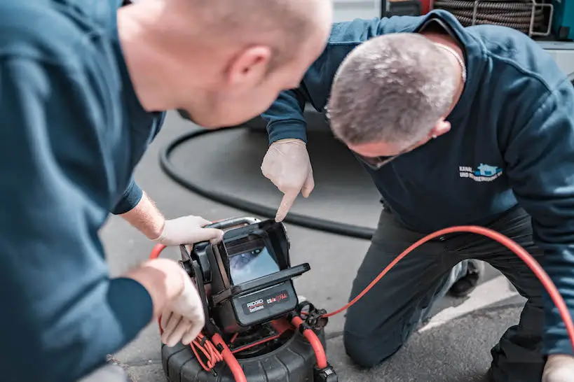 Experten bei der Kanalsanierung Rüsselsheim am Main analysieren Abwasserrohr mit Kameraequipment.